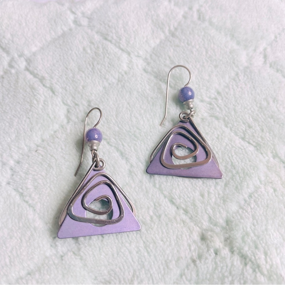 Vintage Purple Geometric Triangle Dangle Earrings with Beads - Picture 2 of 7